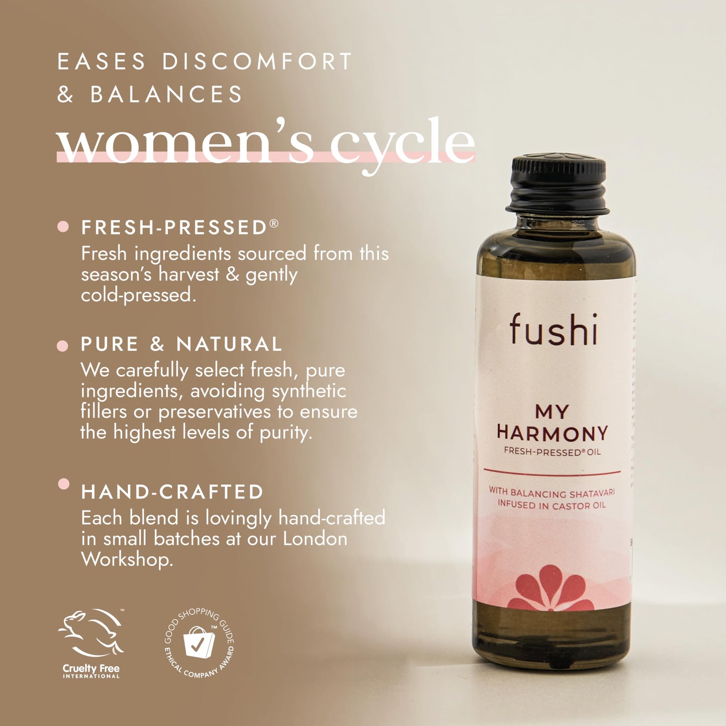 Fushi My Harmony Oil 50ml - Herbal Infusion for Women's Balance & Wellness - Shatavari & Castor Oil for Bloating, Cramp Relief, Menopause, Soothing Discomfort