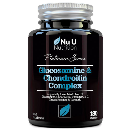 Glucosamine and Chondroitin High Strength Complex - 180 Capsules - with Turmeric, Ginger, Rosehip, Vitamin C & D - Joint Care Supplements for Women & Men - Made in The UK - Nu U Nutrition
