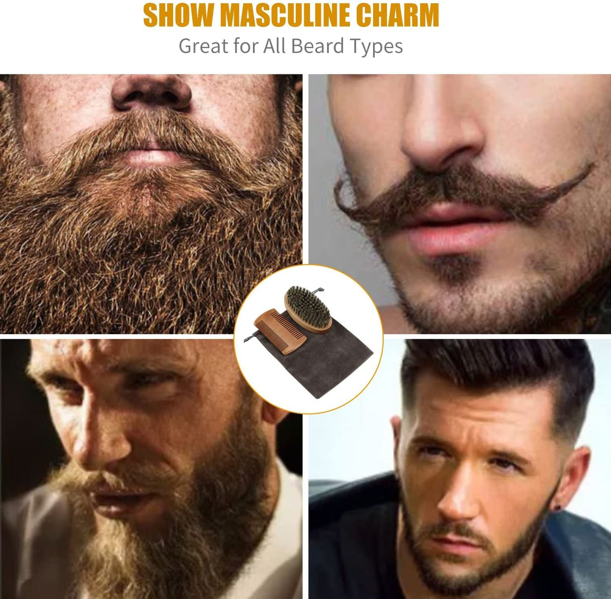 NEESTARTLY Beard Comb Brush Set, Wooden Boar Bristle Beard Brush, Anti Static Moustache Pocket Comb, Portable Hair Comb for Combing Beard Hair, Removing Debris, Massages Face