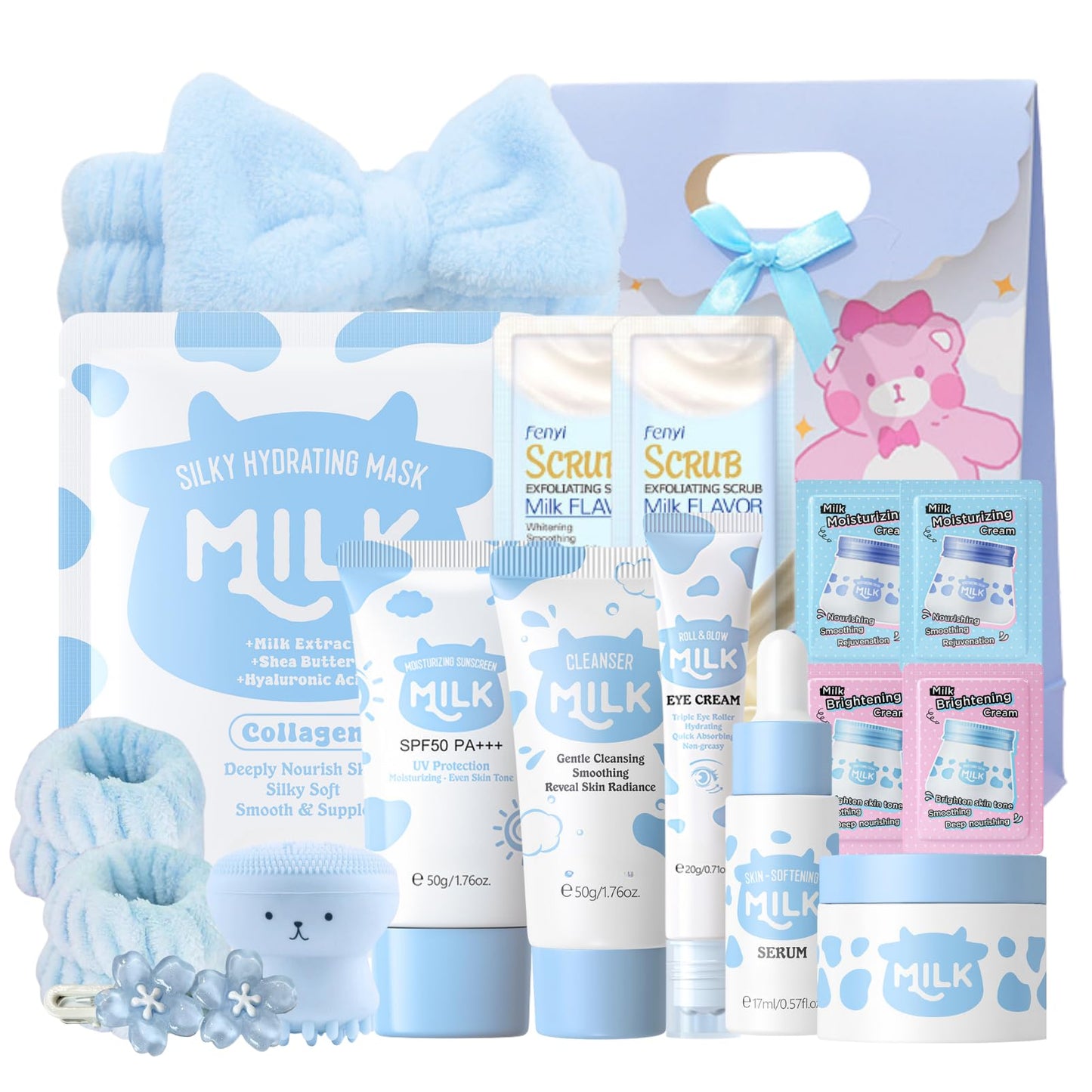 Milk Skincare for Teenage Girls Gifts - Beauty Milk Skin Care Sets & Kits - Nourish Facial Kits for Women with Cleanser,Serum,Cream,Eye Cream,Scrub,5pcs hair Accessories,Gift bag (18pcs)