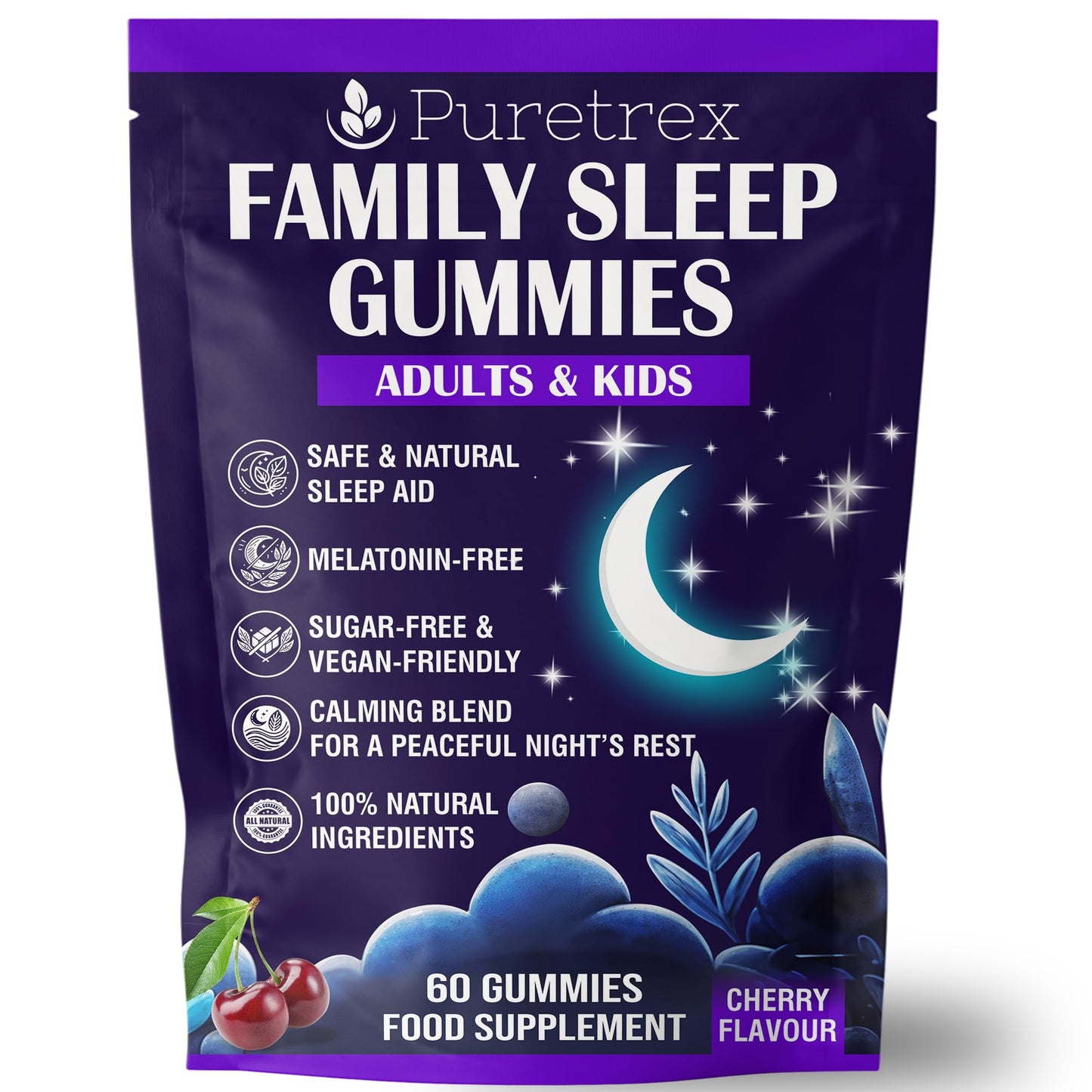 Puretrex PURETREX Family Sleep Gummies – Natural Sleep Aid for Adults & Kids – Sugar-Free, Vegan, Melatonin-Free – Calming Cherry Flavour Gummies with Herbal Blend for Relaxation & Restful Sleep – 60 Gummies