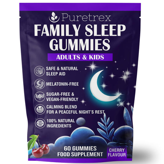 Puretrex PURETREX Family Sleep Gummies – Natural Sleep Aid for Adults & Kids – Sugar-Free, Vegan, Melatonin-Free – Calming Cherry Flavour Gummies with Herbal Blend for Relaxation & Restful Sleep – 60 Gummies