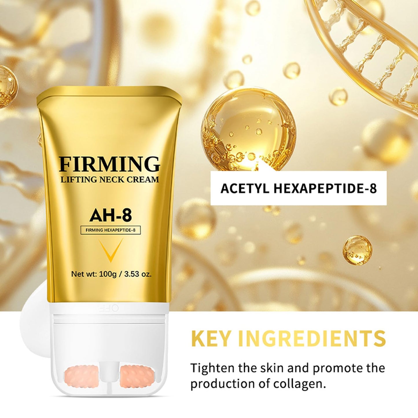 AH-8 Firming Neck Cream, Neck Firming Cream With Roller, Neck-Roller For Saggy Skin - Anti-Wrinkle & Hydrating Treatment For Smooth, Youthful Skin