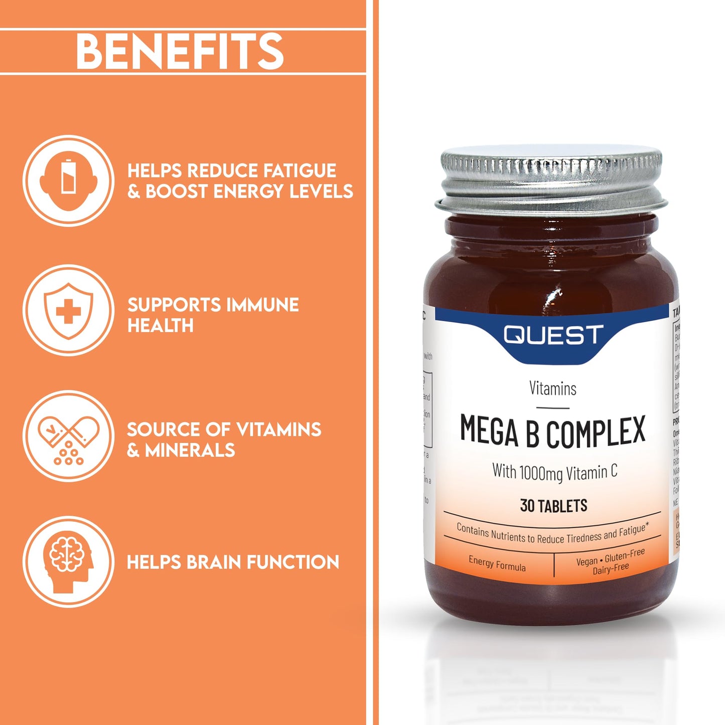 Quest Mega B Complex (30 Tablets) - Vitamin B Complex with 1000mg Vitamin C per Tablet. Nutrients & Vitamins to Reduce Tiredness & Fatigue. Supports Energy & Concentration Levels.