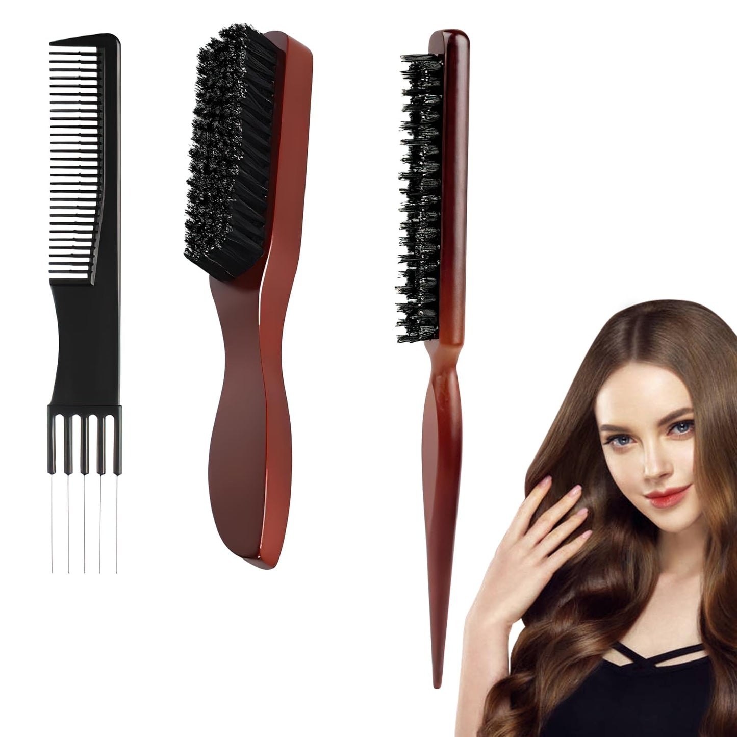 DOOCECIY 3 Pcs Slick Back Hair Brush Set, Smoothing Bristle Brush for Sleek Thick Curly Long Hair Beard