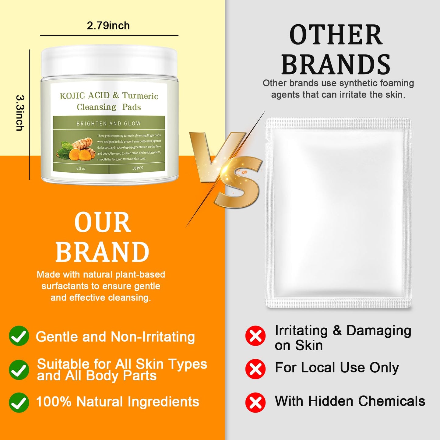 Ceboic Kojic Acid and Turmeric Pads, Turmeric Exfoliating Pads for Face, Turmeric and Kojic Acid Cleansing Pads Facial Sponges for Dark Spots, Acne Scars, Unclog Pores (50 Pads)