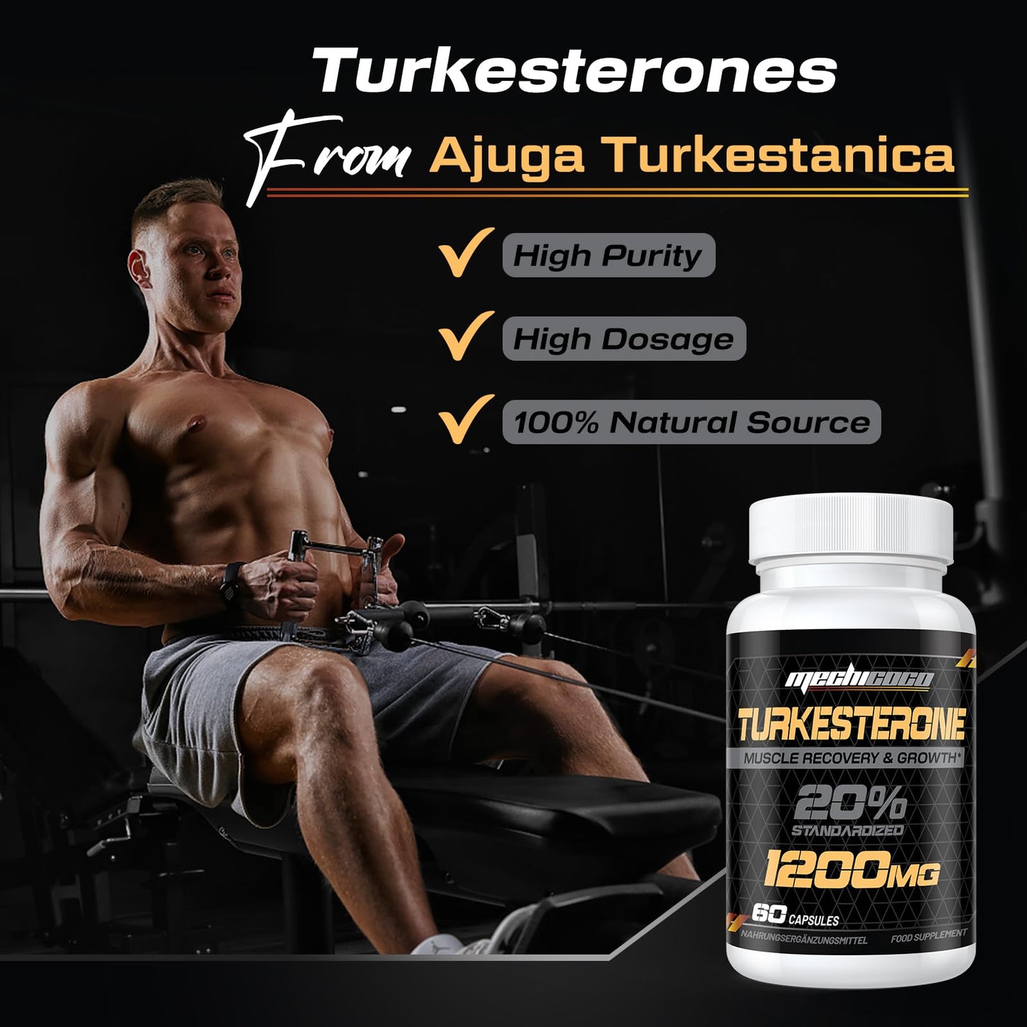 Mechicoco Turkesterone Supplement 1200mg Ajuga Turkestanica Extract - High Strength, Standardized to 20% Turkesterone, Muscle Growth & Strength - Vegan, Free from Soy, Additives