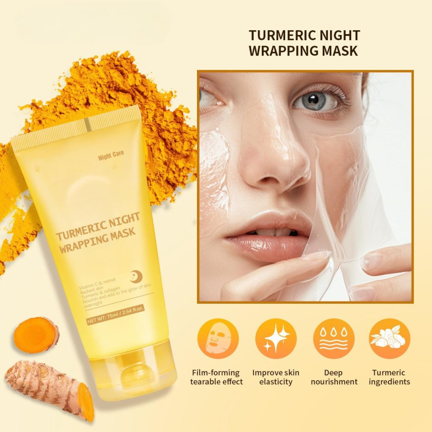 Turmeric & Collagen Overnight Peel-Off Mask – Collagen Night Wrapping Mask for Glowing Skin - Hydrating Formula with Vitamin C & Retinol – Even Skin Tone, Anti-Wrinkle & Pore Refining