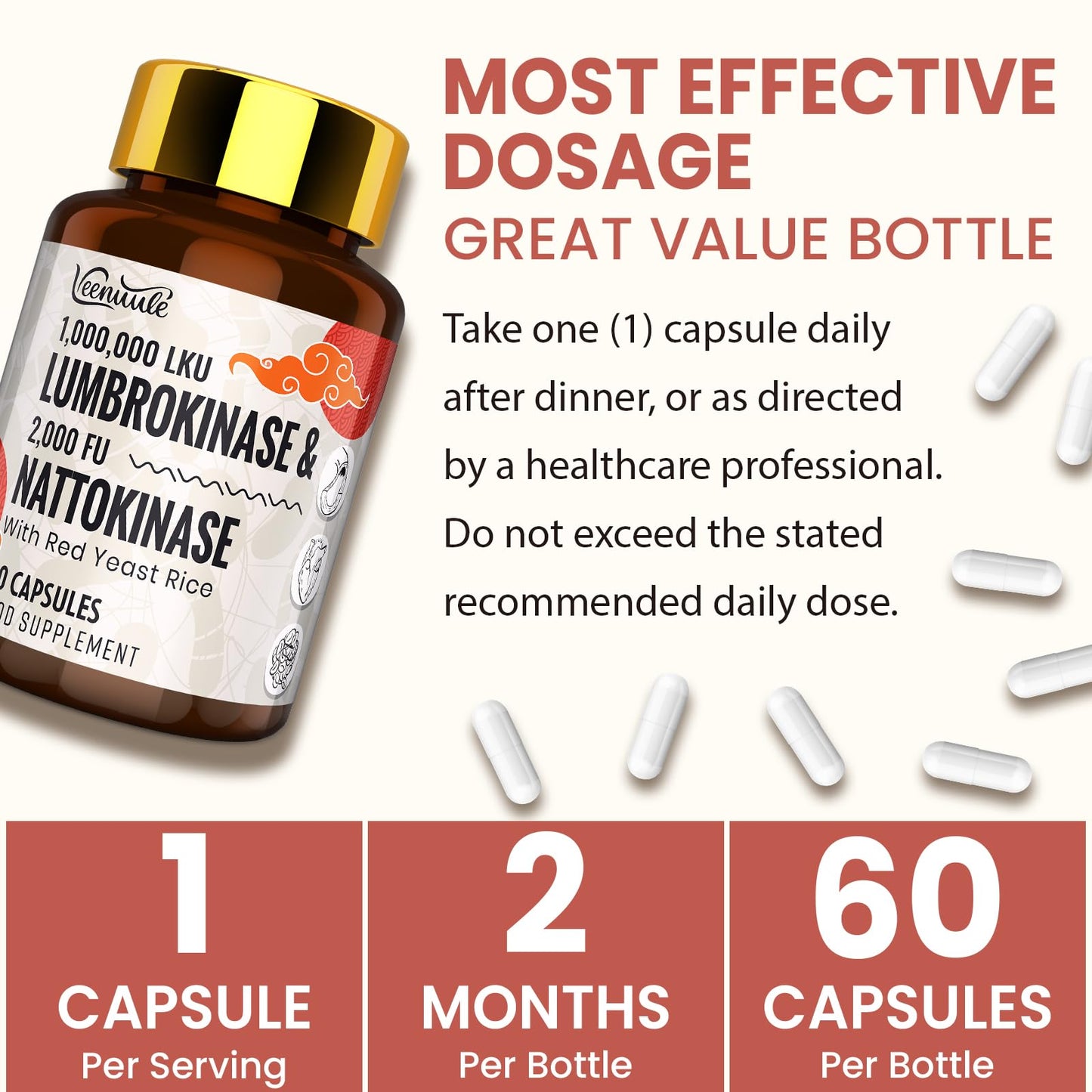 Veenuule Lumbrokinase Supplement 100mg │ Maximum Activity - 1,000,000 LKU │ Lumbrokinase Capsules with Nattokinase 100mg 2000 FU for Blood Circulation and Cardiovascular Health, 60 Capsules