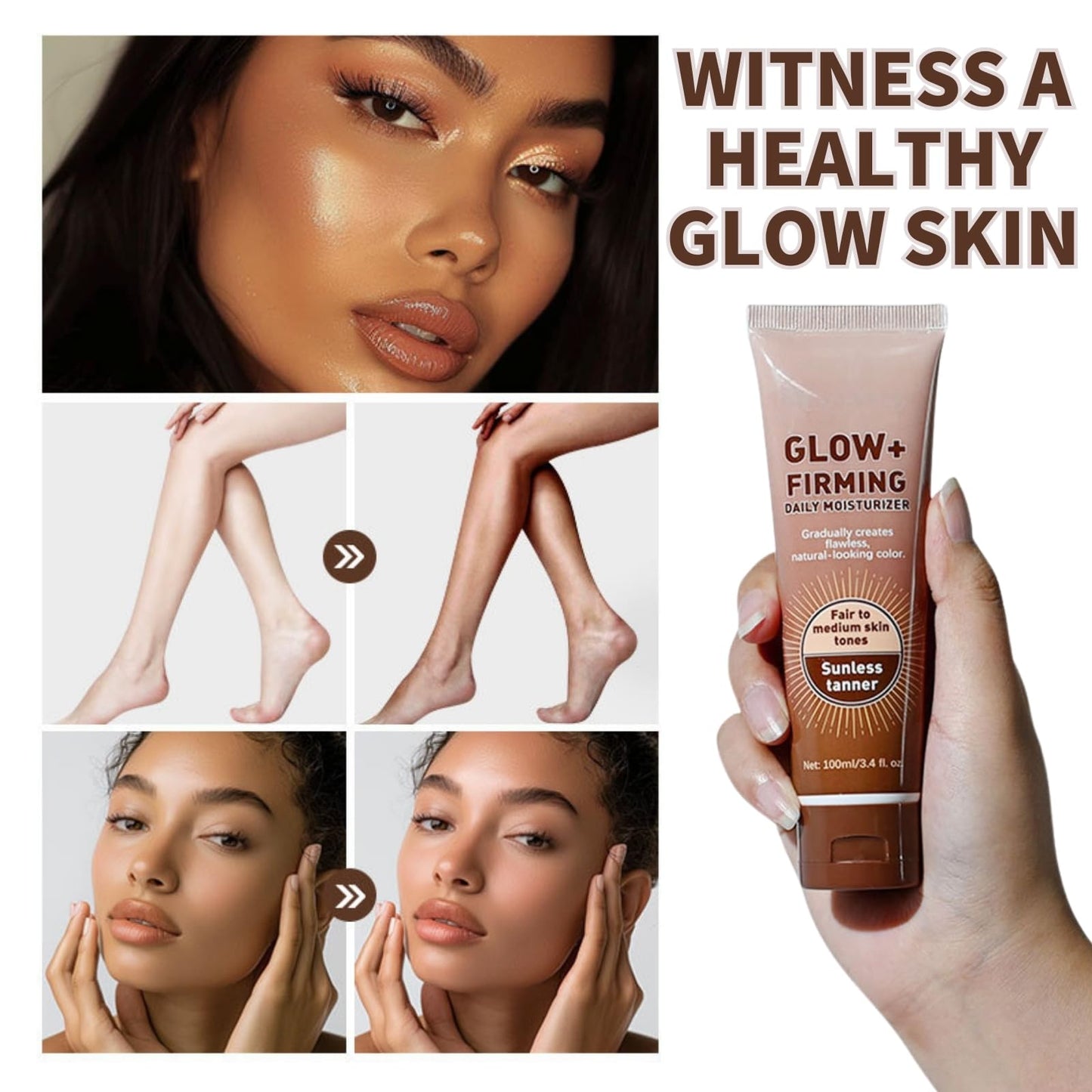 Tanning Moisturiser - Moisturizing Sunless Self Tanning Lotion - Fair to Medium Skin Tones - Natural Glow +Firming Daily Moisturizer for Body - Tanning Accelerator Moisturizer For Face & Body Brown