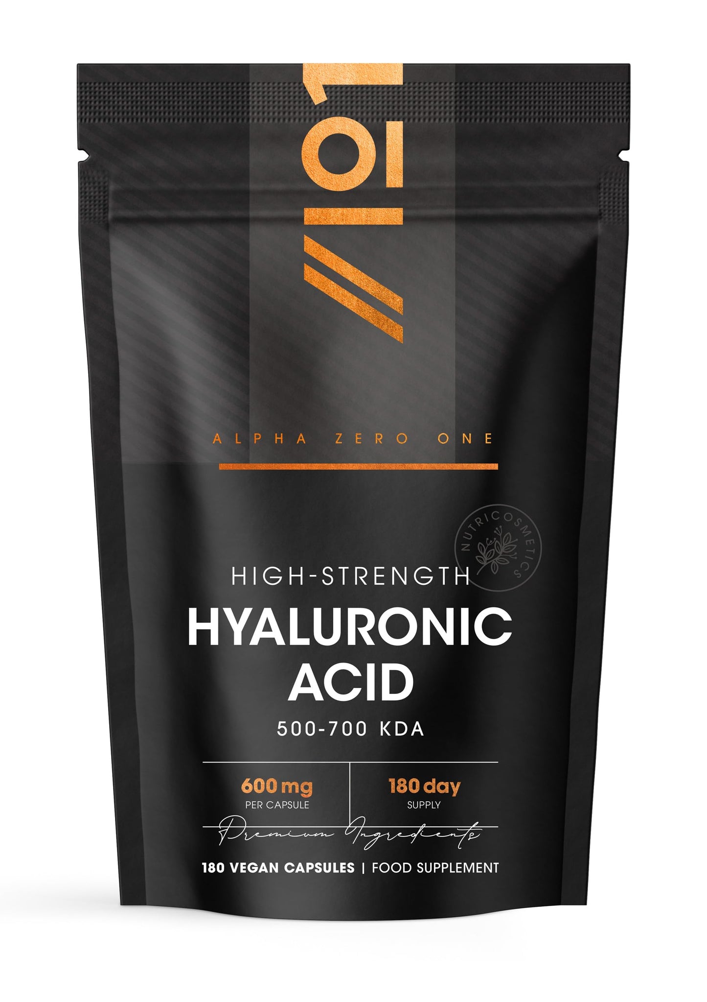 ALPHA01 Hyaluronic Acid Supplement 600mg (800-1500 KDA) - 180 Vegan Triple Strength Hyaluronic Acid Capsules - 6 Month Supply - Natural Skin, Hair & Joint Supplement for Women & Men - Superior Absorption