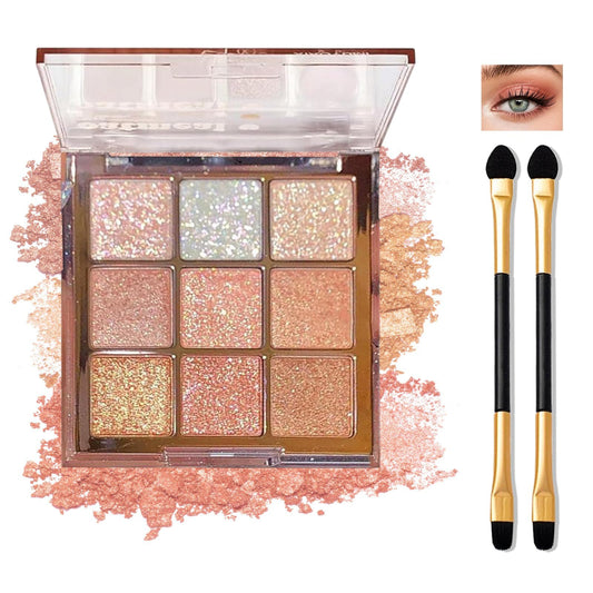 Generic Glitter Eyeshadow Palette – 9-Color Shimmer Eye Makeup in Pink, White & Gold, Highly Pigmented Waterproof Long-Lasting Korean Style Eye Shadow with Brushes