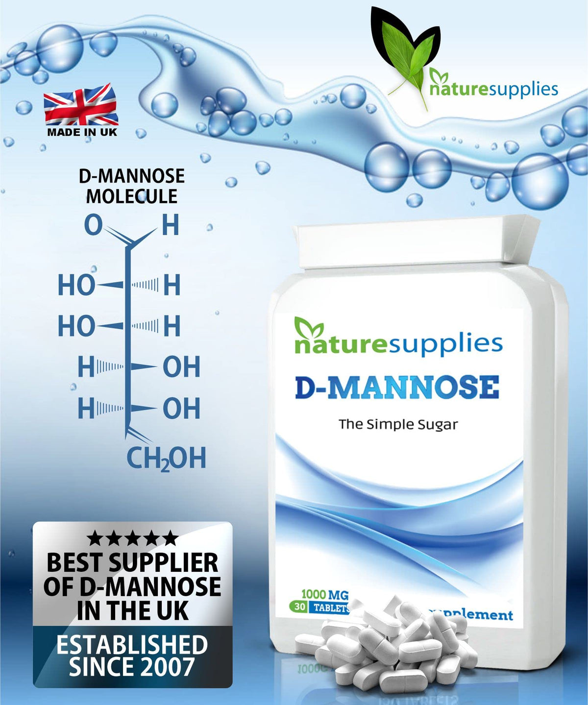 naturesupplies D Mannose Tablets 1000mg - 30 Pack Dmannose Tablets - (Not D Mannose Capsules or Powder) - Suitable for Vegetarians and Vegans - High Strength D-Mannose Supplement from Naturesupplies