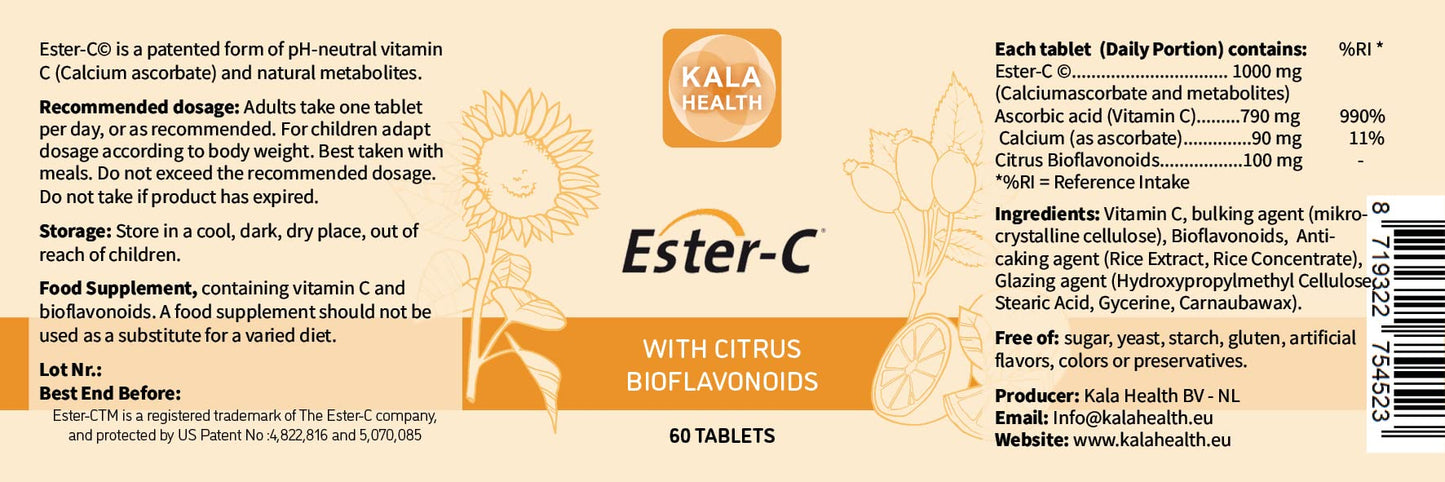 KALA HEALTH Kala Health - Ester C Tablets 1000 mg per Tablet high-dose Calcium ascorbate with Vitamin C metabolites and 100 mg Citrus bioflavonoids - contributes to the Immune System (60)