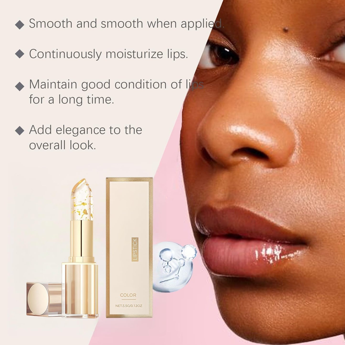 Fankayi Transfer-Proof Color Changing Lipstick with Gold Foil,Transparente Transferproof Gold Crystal Color Changing Lip Stick,24h Long-Lasting Hydration & Glossy Shine Lip Gloss,Colour Changing Lipstick