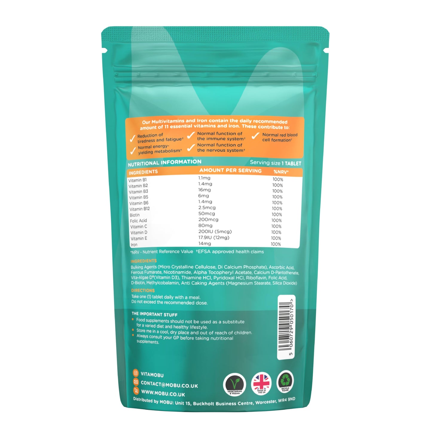 Multivitamin & Iron 120 Tablets for Men & Women | Vitamin B, C, D, E and Iron | Immune Support & Daily Wellbeing Multivitamins | Vegan | MOBU UK