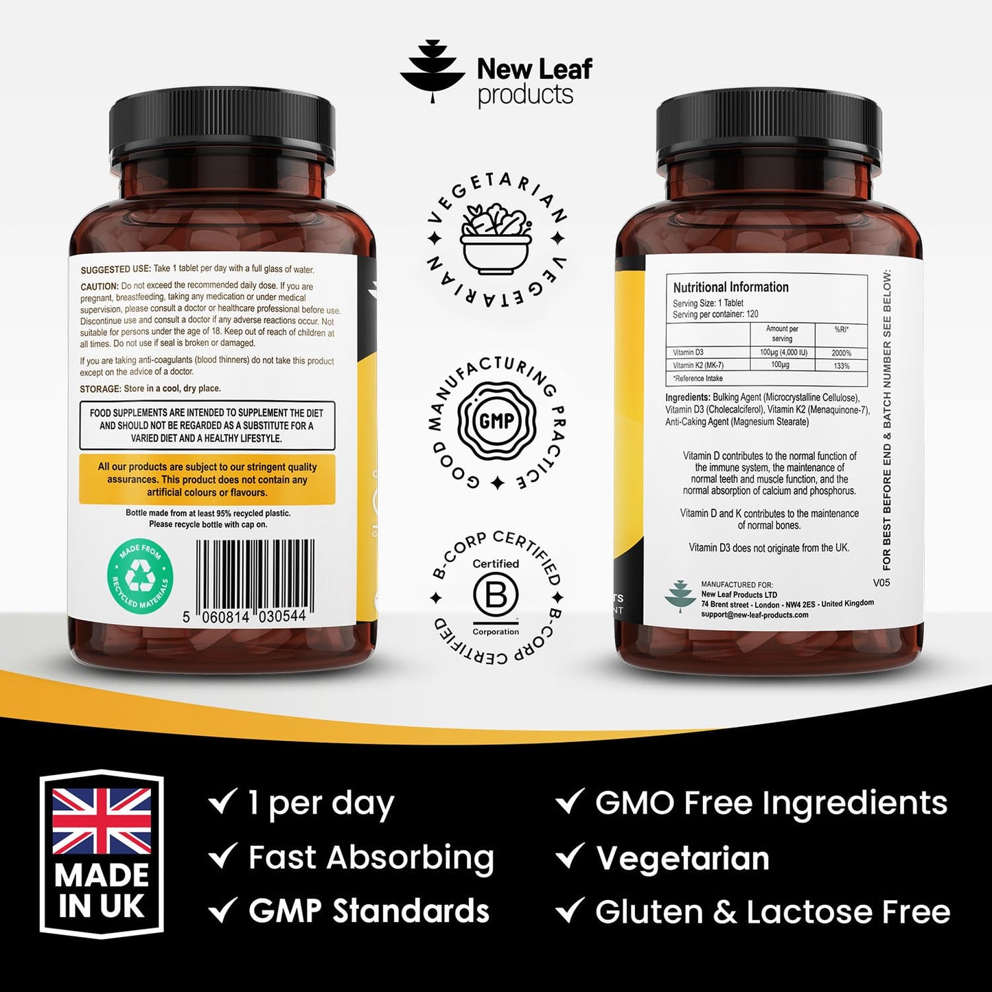 NEW LEAF PRODUCTS Vitamin D3 K2 - Vitamin D3 4000iu & Vitamin K2 100ug (MK7) 4 Months Supply, Supports Immunity, Calcium Absorption and Bone Health, Non-GMO, UK Made by New Leaf 120 Micro Small Vegetarian Tablets,