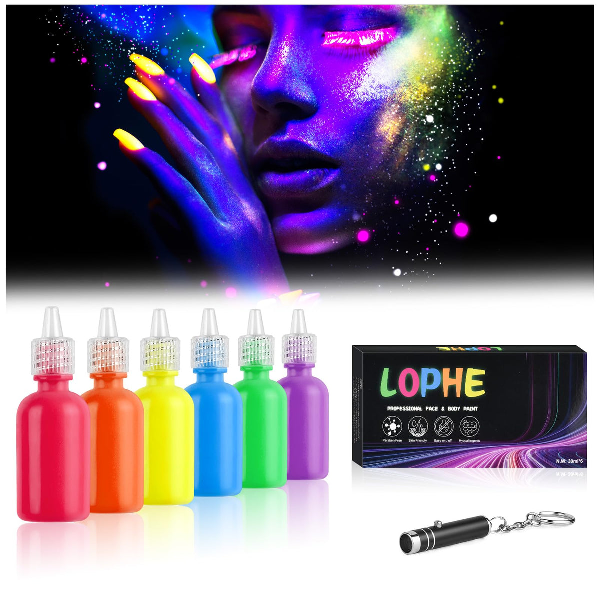 LOPHE UV Body Painting Set, 6 Pcs 30ML Ultraviolet Glow Face Paint with UV Lamp, UV Glowing Neon Liquid Face Painting, Non Toxic Face Body Paint for Carnival Halloween Cosplay Makeup Art Paint