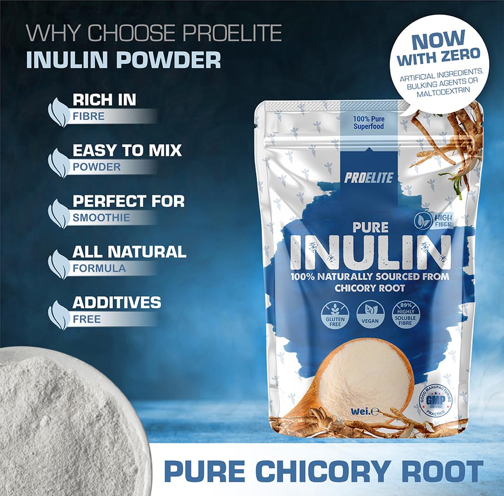 Pure Inulin Powder Prebiotic Soluble Fibre Powder - Vegan, GMO Free, Gluten Free Made in EU from Natural Chicory Root Fructo OligoSaccharide FOC Powder by PROELITE (250g)
