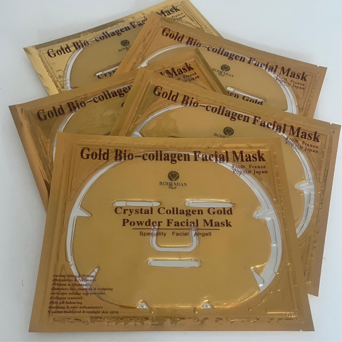 Spa Grade Luxury Gold Bio-Collagen Face Masks Ultra-Hydrating & Brightening with Royal Jelly & Natural Extracts. Reduces fine lines. Soothing & ultra thin. Pack of 5 by Bohemian Heart