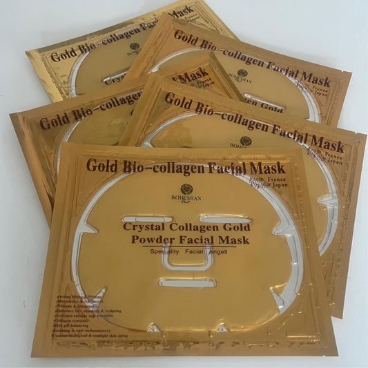 Spa Grade Luxury Gold Bio-Collagen Face Masks Ultra-Hydrating & Brightening with Royal Jelly & Natural Extracts. Reduces fine lines. Soothing & ultra thin. Pack of 5 by Bohemian Heart