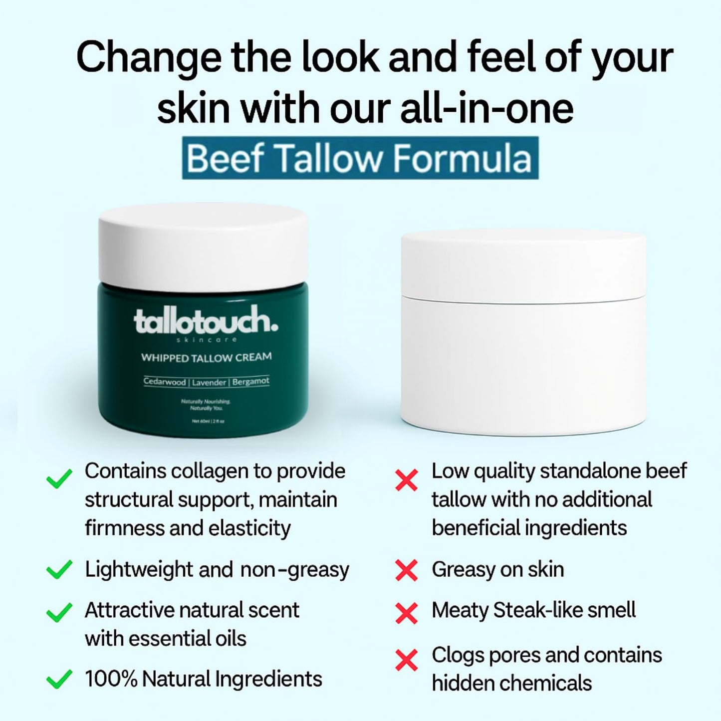 Tallotouch. Whipped Tallow Cream - 100% Grass-Fed Beef Tallow, Shea Butter, Collagen, Cucumber & Jojoba Oil – Deep Hydration for Face & Body, Fast Absorbing, Essential Oils