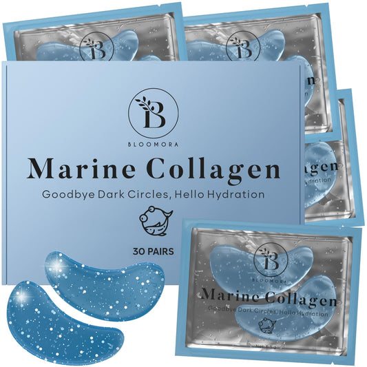 BLOOMORA Under Eye Gel Patches - Marine Collagen Under Eye Patches for Puffy Eyes & Dark Circles - Hyaluronic Acid + Collagen Gel Pads for Reducing Appearance of Puffiness & Hydration - 30 Pairs