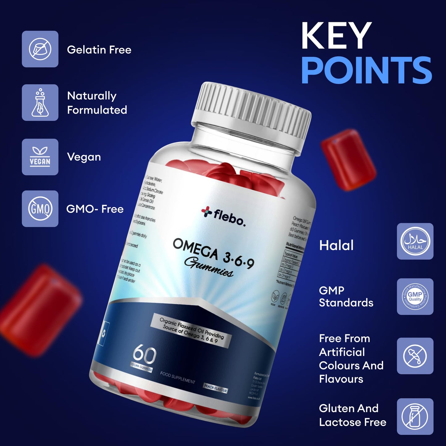 Flebo Vegan Omega 3 Gummies | 1 Month Supply| Supports Heart,Brain & Eye Health | Chewable Omega 3 6 9 I Natural Peach Flavour | 60 Two-a-Day Vegan Vitamin Gummies | Tasty Alternative to Fish Oil