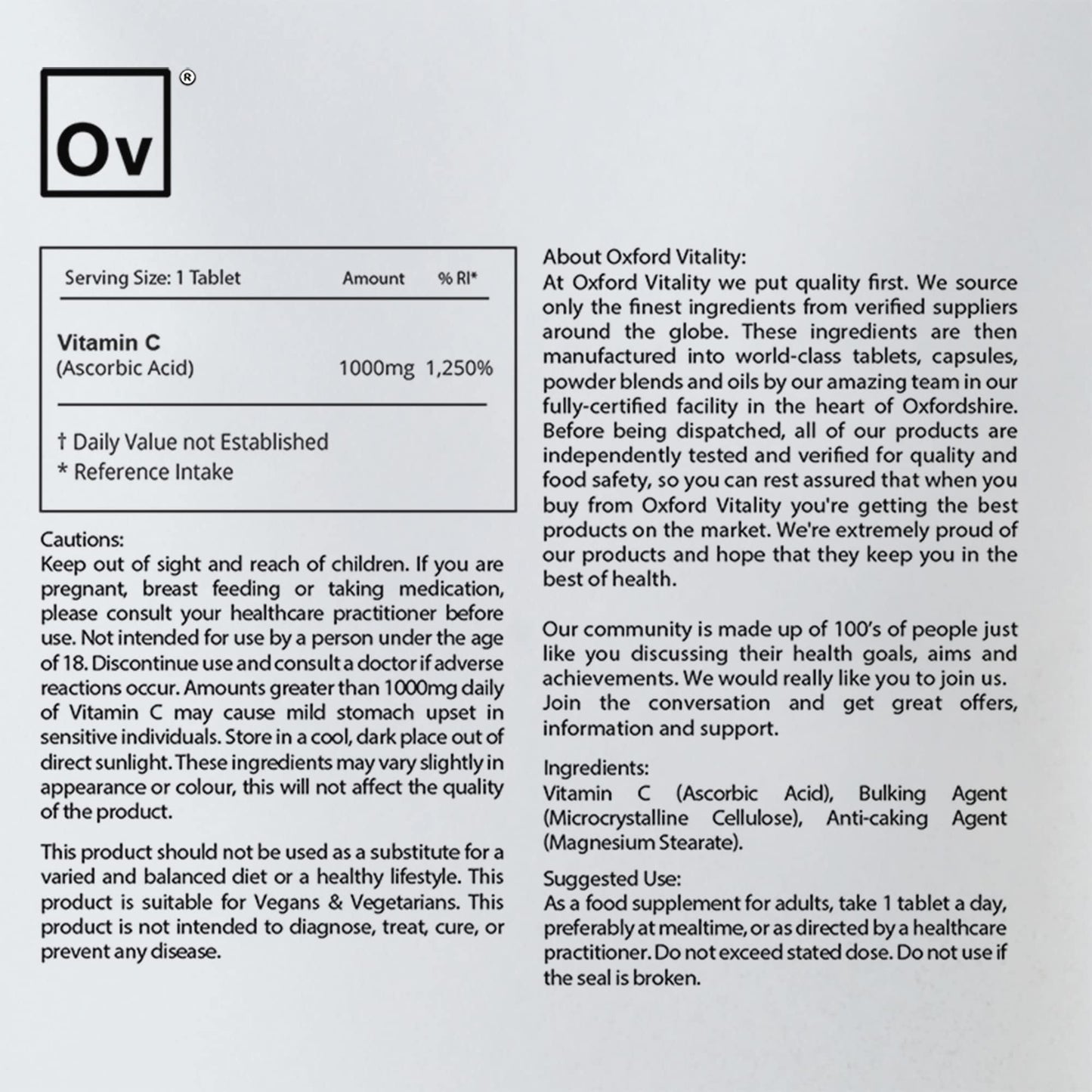 Ov OXFORD VITALITY Vitamin C Tablets | 1000mg Supplements for General Health, Energy & Collagen Production | Oxford Vitality