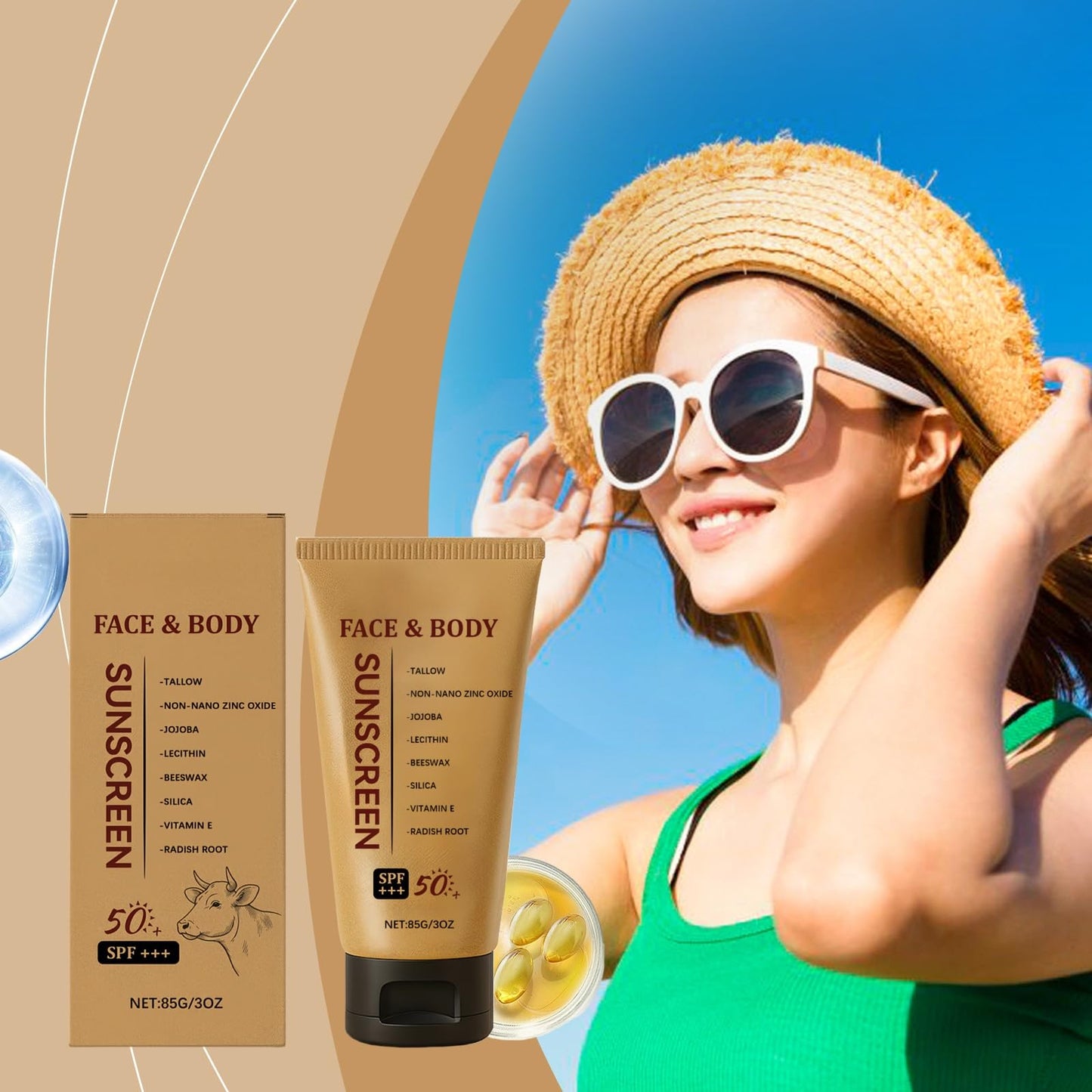 Beef Tallow for Skin and Face,Beef Tallow Sunscreen SPF 50+,Natural Sunscreen for Face & Body,Grass-Fed Beef Tallow Sun Protection,Hydrating & Water Resistant,UVA/UVB Protection,Natural Ingredients