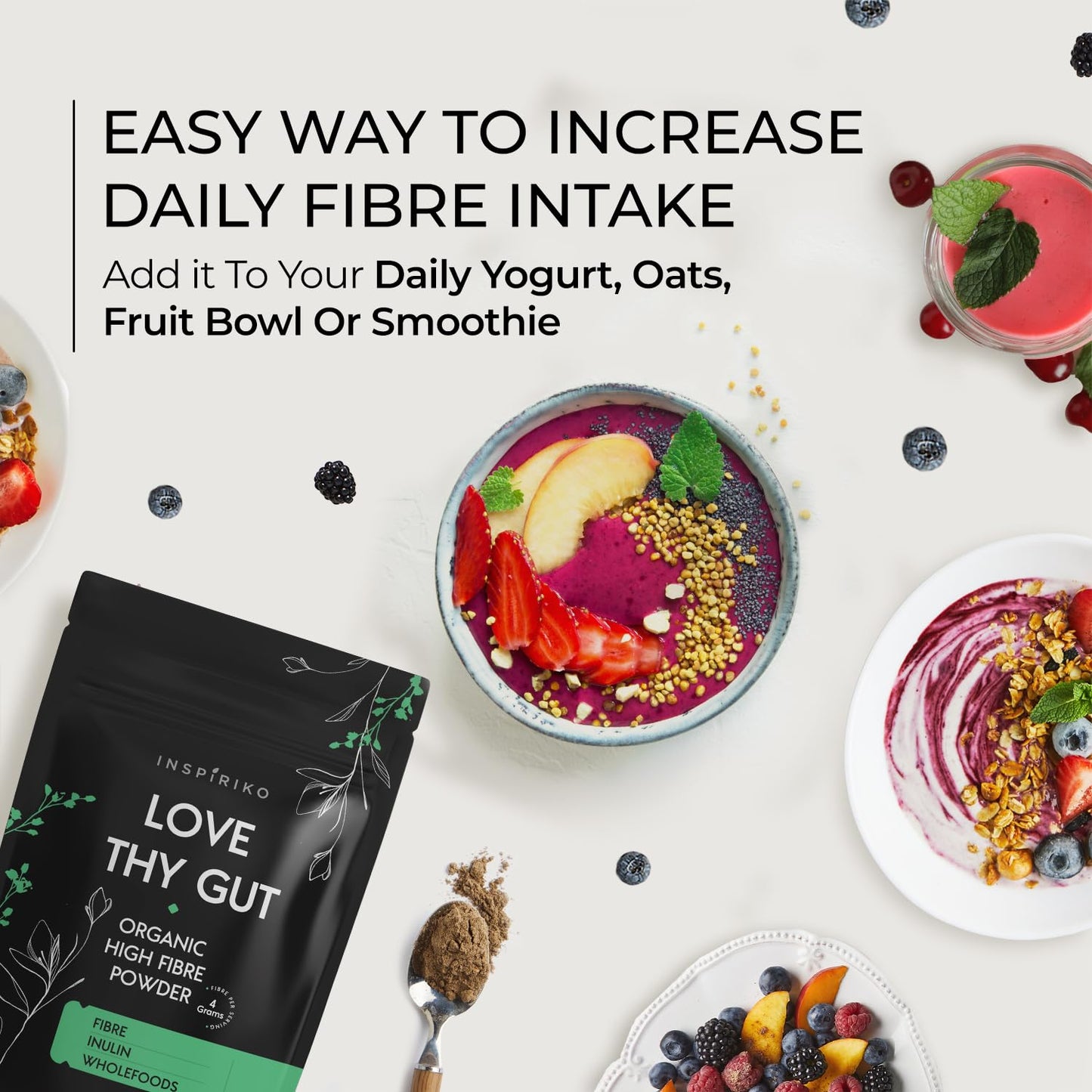 Organic Prebiotic Fibre Supplement - Award Winning Gut Health Supplement with 9 High Fiber Superfoods - High in Soluble Fibre Powder, Prebiotics & Insoluble Fibre. 180 Grams. by Inspiriko