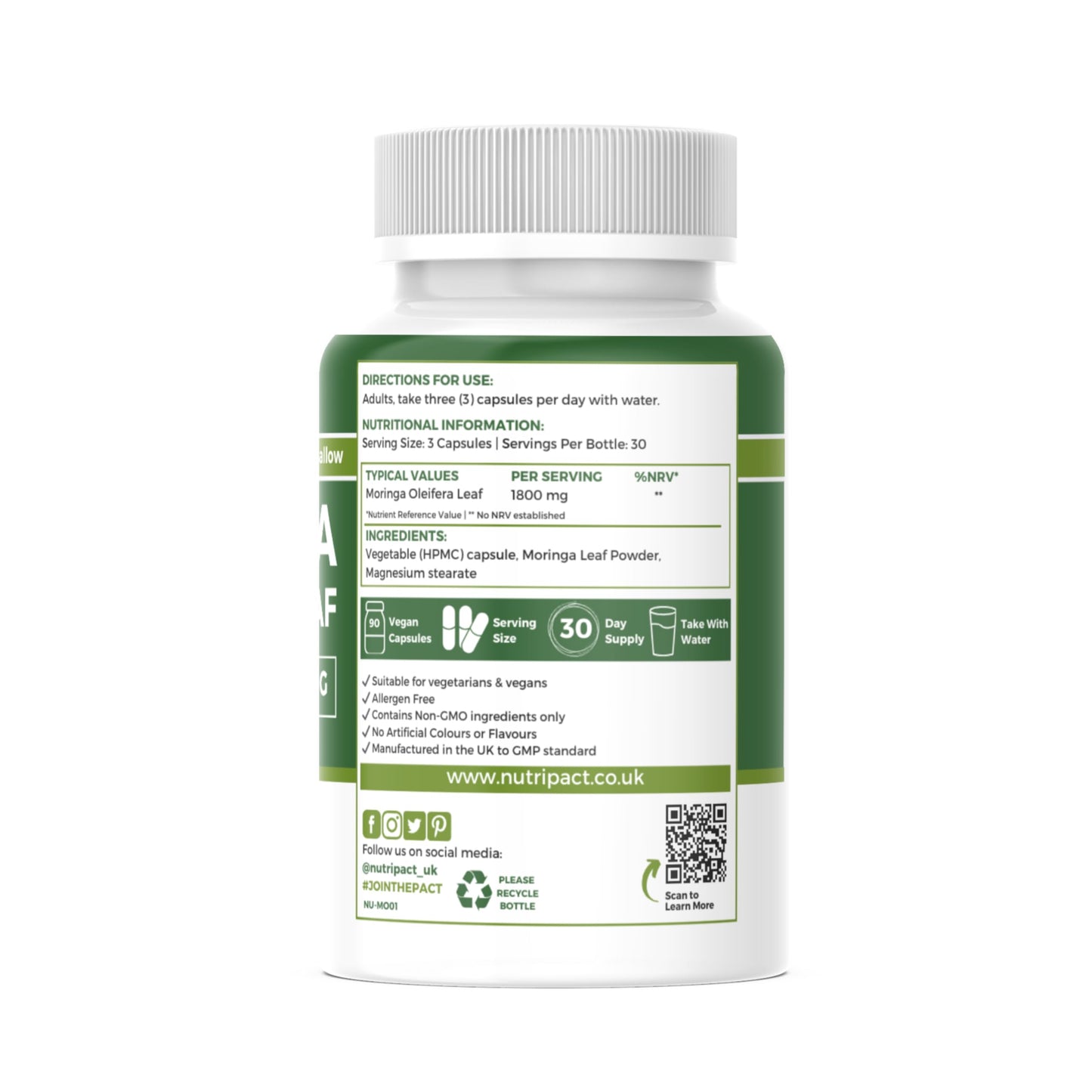 Nutripact Moringa Oleifera Capsules - 1800mg per Serving - Pure Moringa Powder Supplement (not Tablets) - 90 Vegan Caps - High Strength Moringa