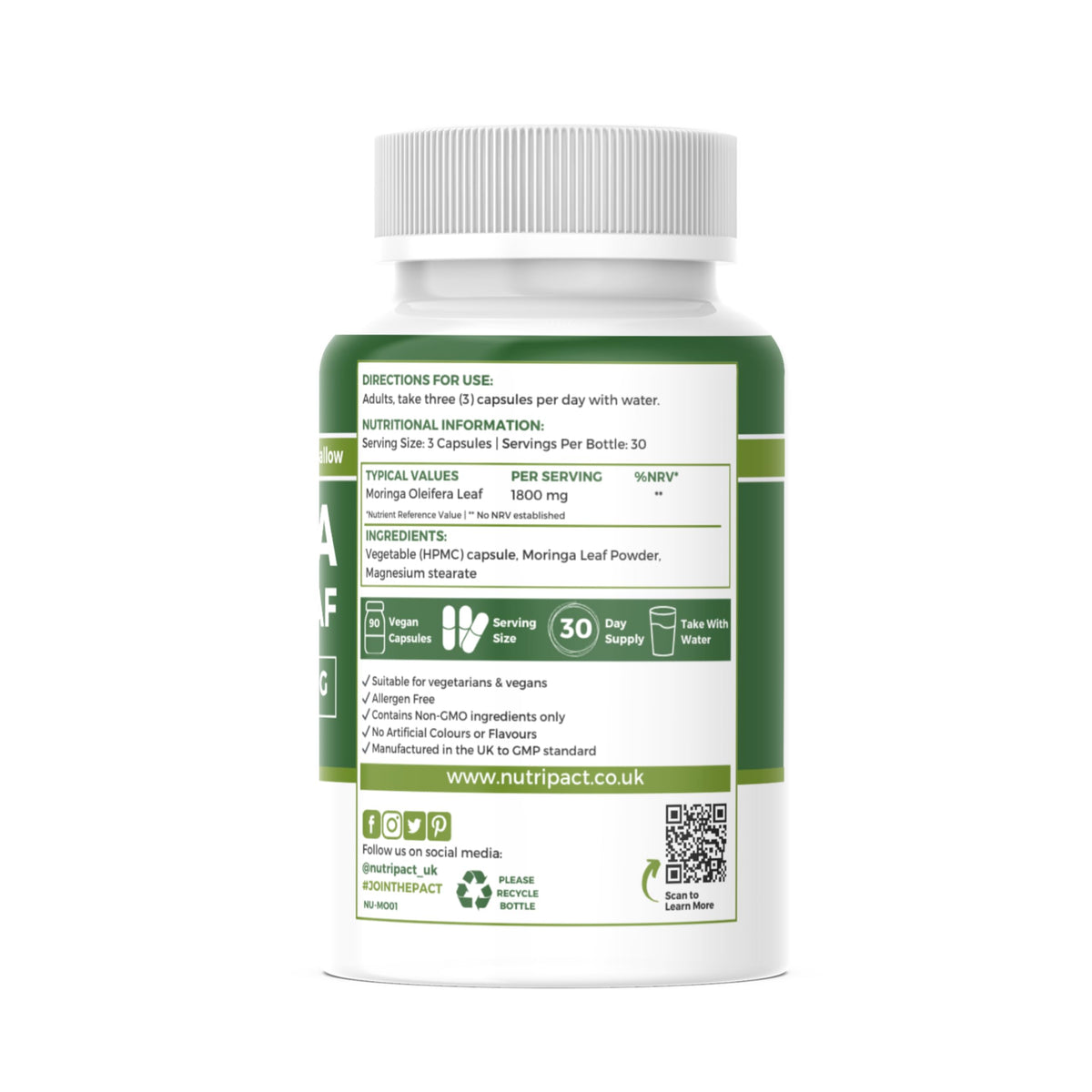 nutripact Moringa Capsules 1800mg – High Strength Moringa Oleifera Powder Supplement – 90 Vegan Capsules – Nutripact