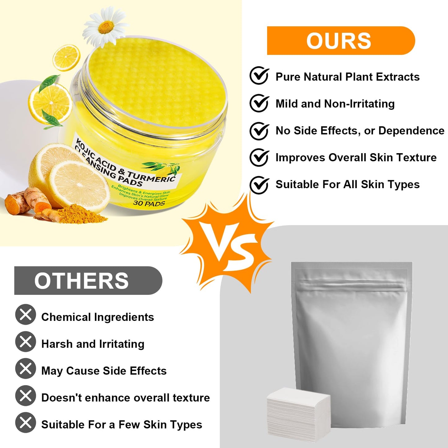 Generic Turmeric Kojic Acid Cleaning Pads, 60Pcs Turmeric Exfoliating Pads, Deep Clean Pores, Remove Excess Keratin, Helps Balance Skin Oil And Water, Unclog Pores, Improved Acne Scars and Dark Spots