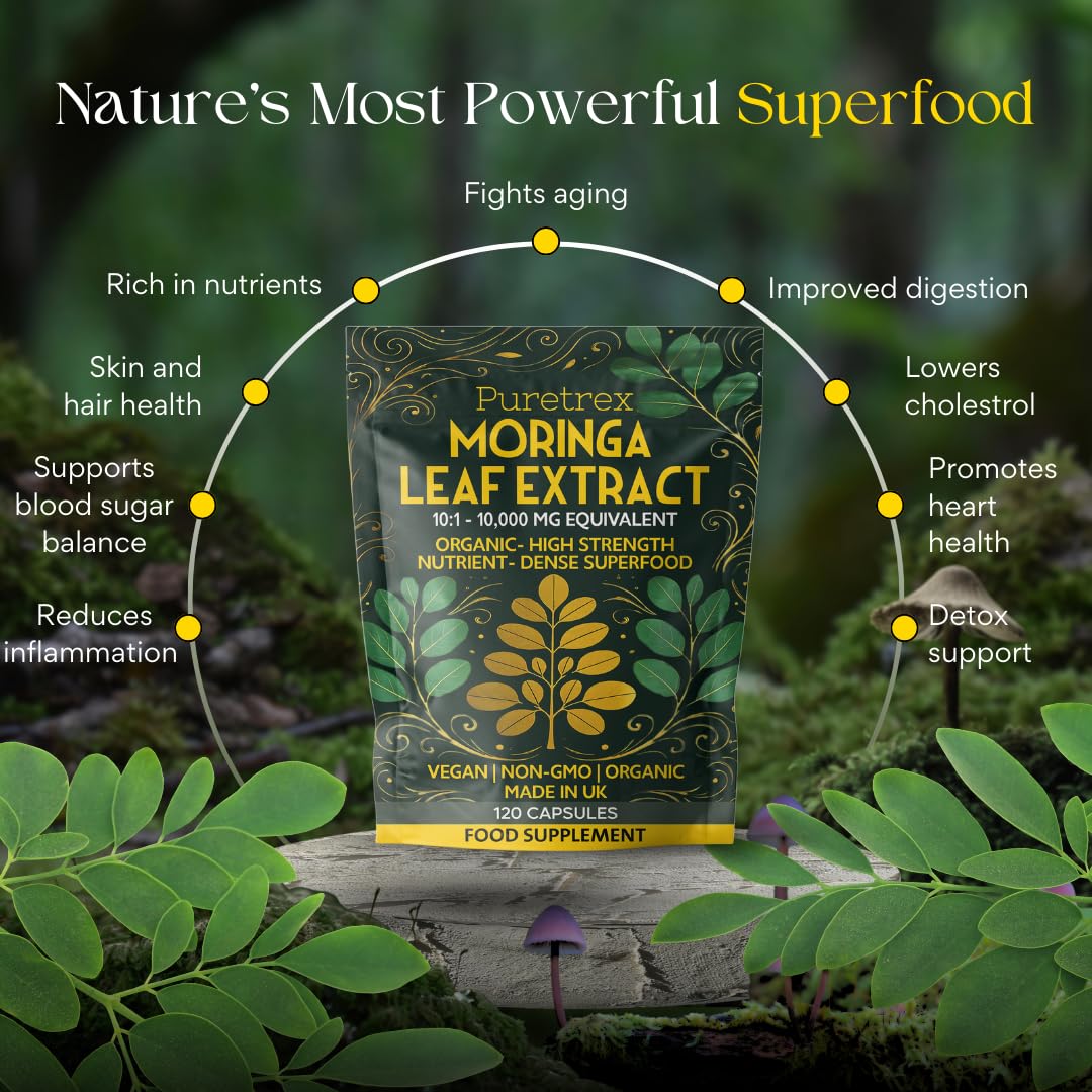 Puretrex Moringa Leaf Extract 10,000mg | 120 Vegan Capsules | Organic, Non-GMO | High Strength Superfood Supplement | Made in UK | Natural Energy & Immunity Support
