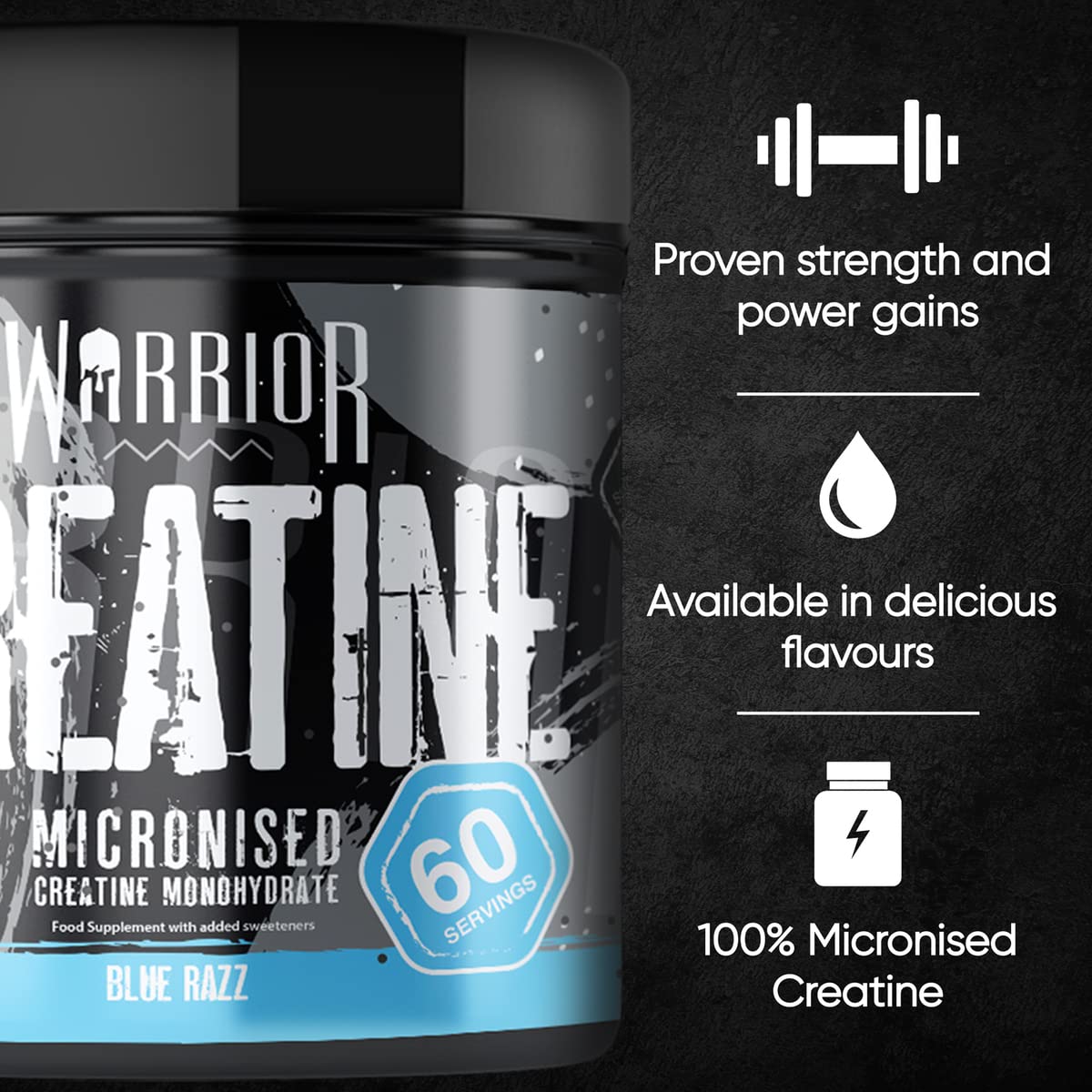 Warrior Creatine Monohydrate Powder – 300g – Micronised for Easy Mixing and Consumption – 100% Pure Creatine – Proven to Improve Physical Performance & Recovery, 60 x 5g Servings, Blue Raspberry