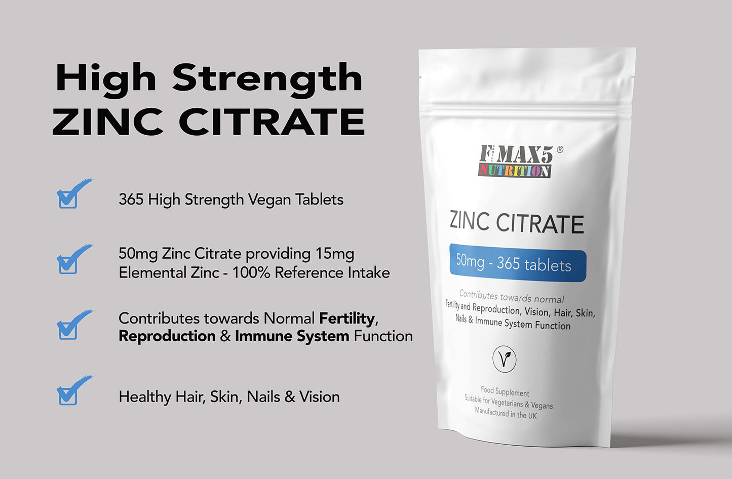 formula max5 nutrition Zinc Citrate 50mg | 120/360 Tablets | One a Day | Easy to Swallow | Immune Health | Food Supplement (360)