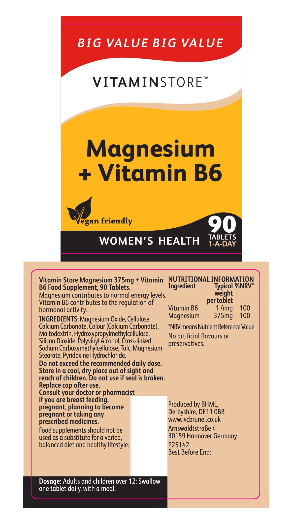 Vitamin Store Magnesium & Vitamin B6 Food Supplement, Vegan Friendly, Pack of 6/30 tablets