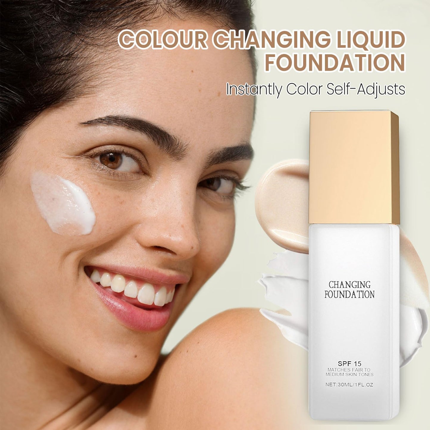 BloomBelle Colour Changing Mature Skin Foundation with Brush, Colour Changing Foundation Full Coverage, Tinted Sunscreen SPF15, Liquid Makeup Base, One Step Concealer Cream, Matches Fair To Medium Tones