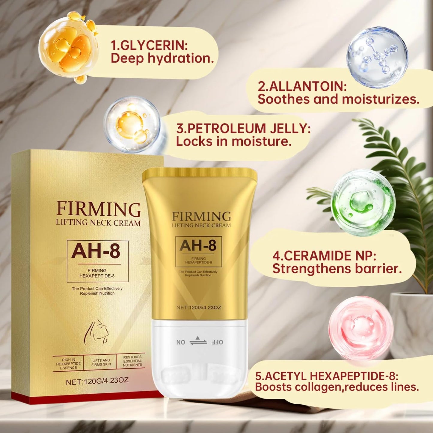 Ah-8 Firming Neck Cream, Tighten And Lift Neck Cream,Rich in Hexapeptide Essence,With Double Roller Massage,Reduce Wrinkles Fine Lines And Double Chin,for Crepey Skin Body Care Comfort 120g.