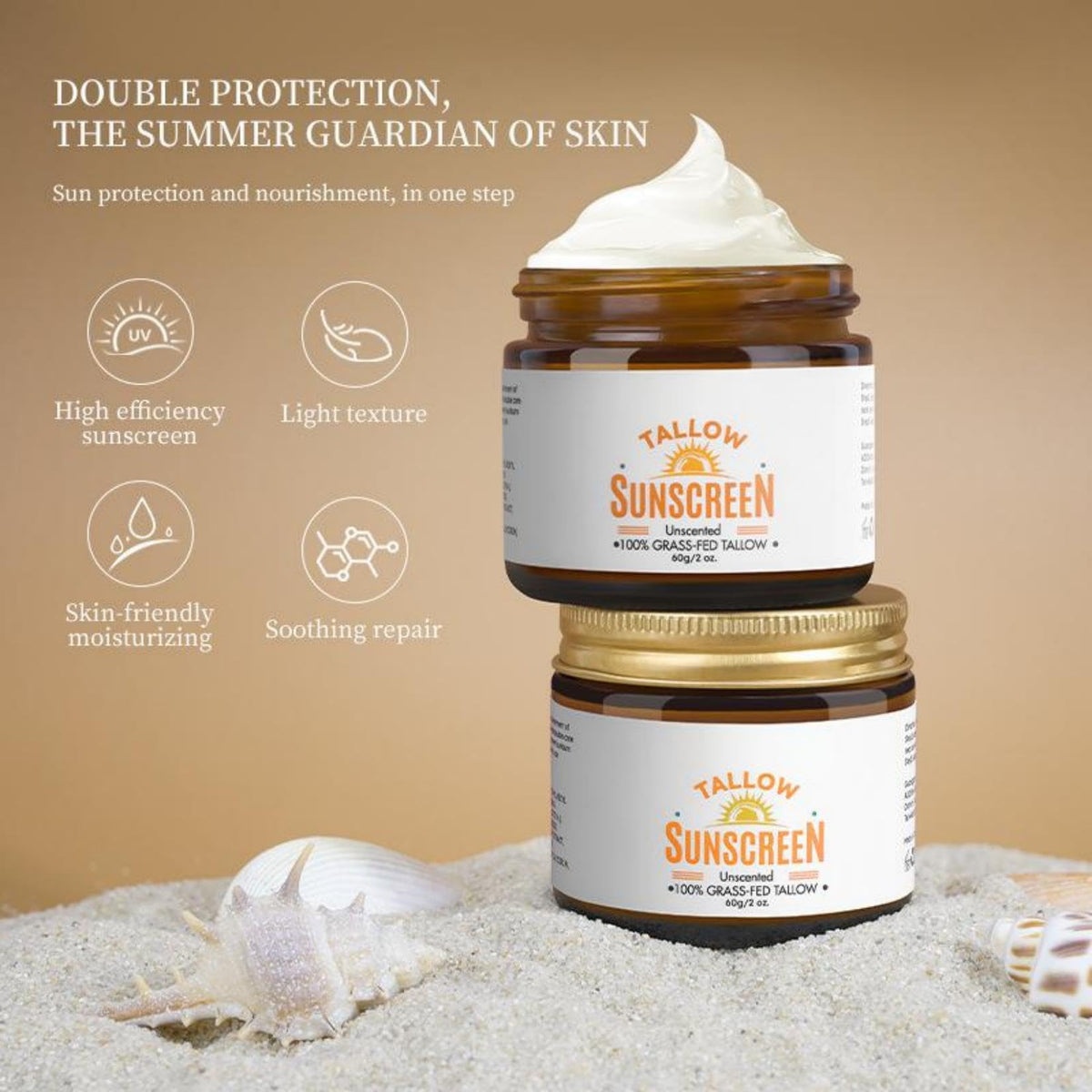 Generic Beef Tallow Sunscreen SPF 50 Face Moisturiser - Natural Grass Fed Tallow Skin Care,Tallow Balm Instant Sun Protection, Lightweight Non Greasy Sun Cream for Dry Skin,Water