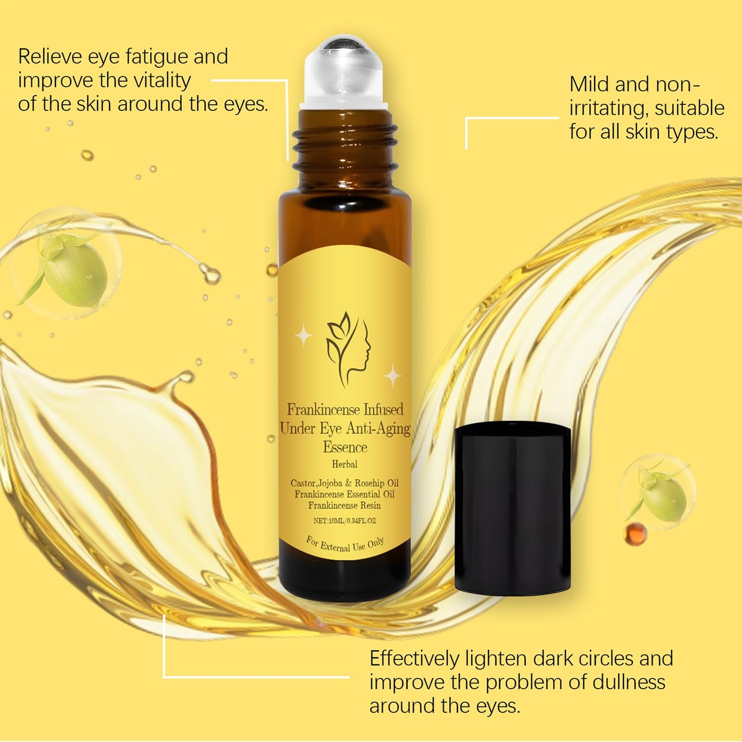 Generic Castor Oil and Frankincense Eye Roller | Organic Under Serum for Dark Circles and Bags | Moisturizing Treatment for Tired Eyes | Under Eye Oil Roller for Firmer Look