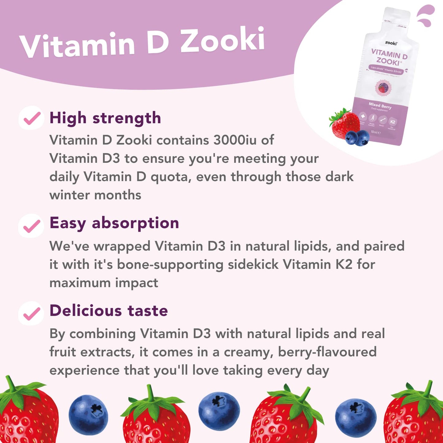 YourZooki - Vitamin D3 + K2 Liquid Sachets - Vegan Friendly D3, Natural Ingredients - Immune System, Muscle Function, Bones- (Mixed Berry, Box of 14)