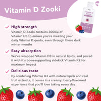 YourZooki - Vitamin D3 + K2 Liquid Sachets - Vegan Friendly D3, Natural Ingredients - Immune System, Muscle Function, Bones- (Mixed Berry, Box of 14)