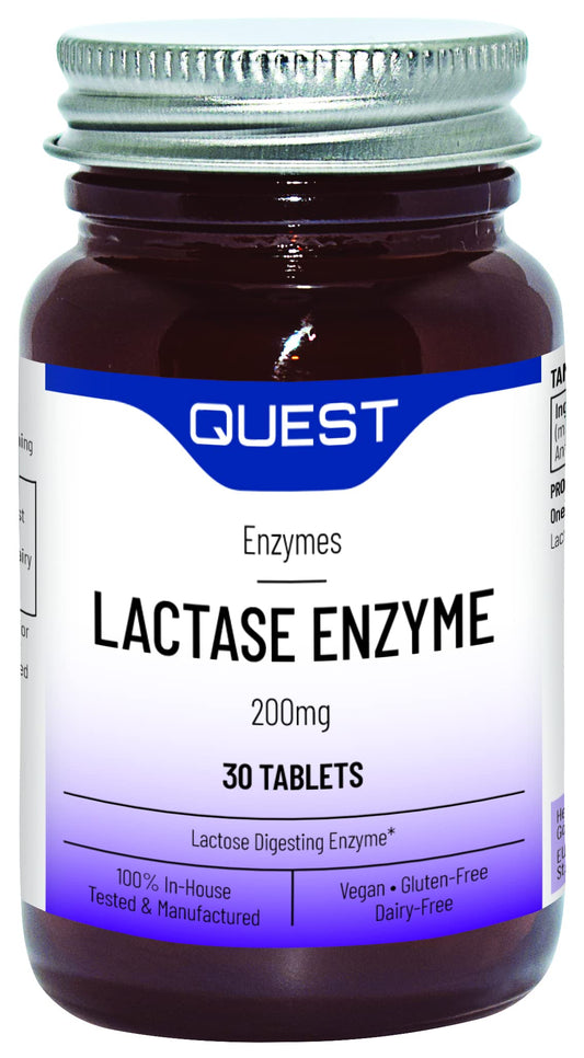Quest Lactase Enzyme 200mg Lactose Intolerance Relief. 2000 ALU Fast Relief Dairy Enzymes Digestive Supplement to Prevent Gas, Bloating & Diarrhoea. Dairy, Gluten Free & Vegan (2 Pack x 30 Tablets)