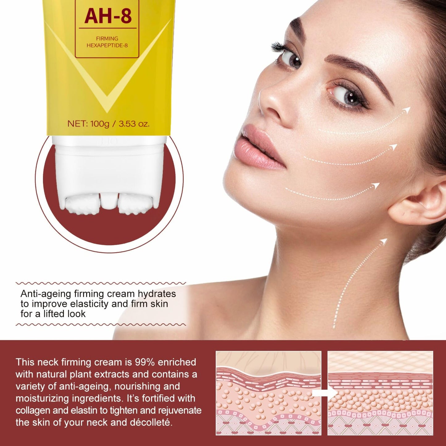 Trendyfave Ah-8 Firming Neck Cream, Ah-8 Neck Firming Cream With Roller, Tighten Sagging Skin, Reduce Wrinkles & Double Chin, Anti-Aging Neck Lotion, Non-Greasy Formula For neck & Face, 100g