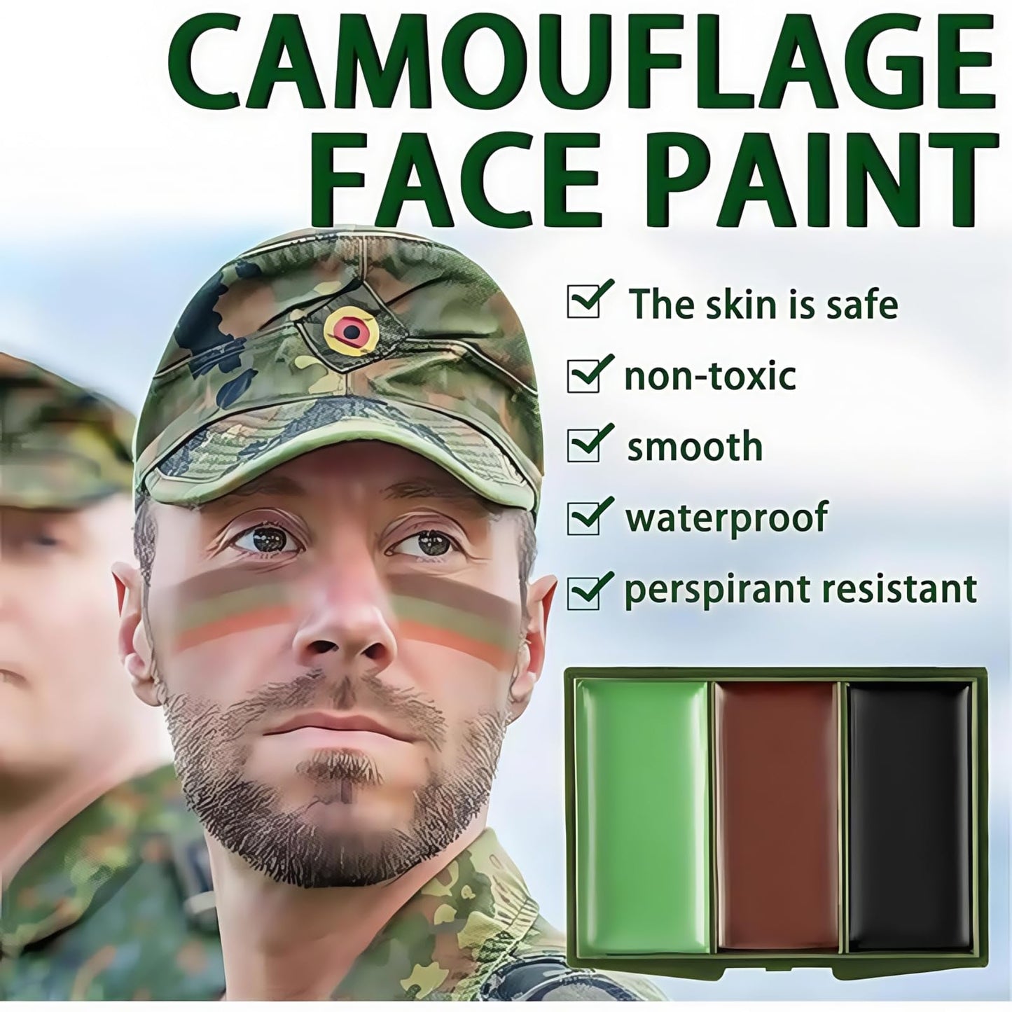 Fankayi 3 Color Camo Face Paint,Army Face Paint,Long Lasting Paint,Face Paint Palette,Waterproof Face Paint,Camouflage Makeup for Face,Suitable for Military Training & Outdoor Survival (Black/Brown/Green)