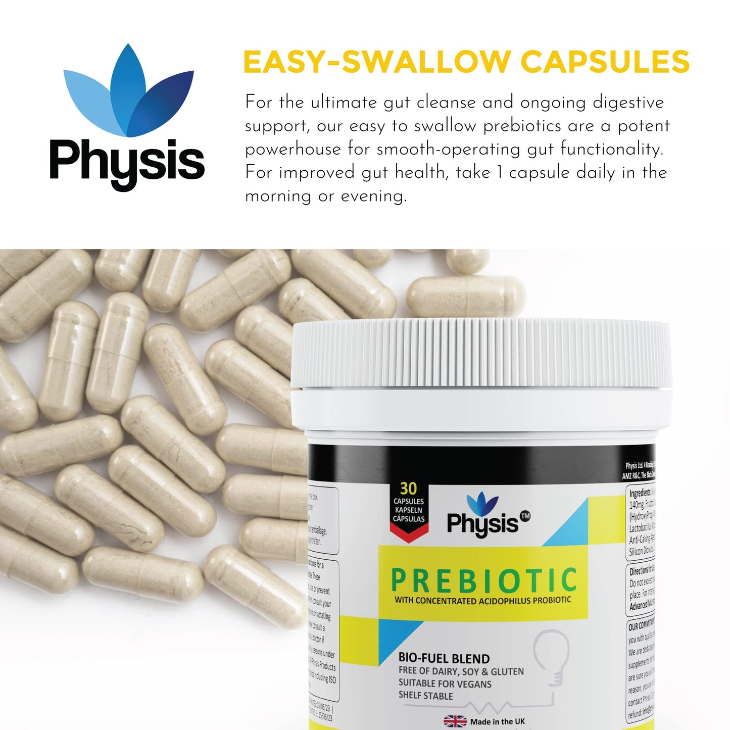 Physis Bio Cultures Blend Prebiotics Capsules | 60 Capsules | Pre and Probiotics for Gut Health | Bio Cultures Complex for Improved Digestion | Concentrated Lactobacillus Acidophilus Probiotics