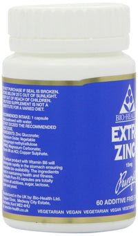 Bio-Health Extra Zinc Food Supplement with Vitamin B6, Magnesium and Copper Supports Normal Function of The Immune System Suitable for Vegetarians and Vegans, 60 Capsules