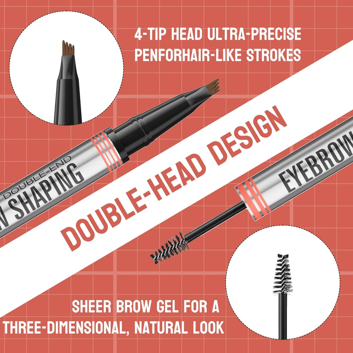 Weixinbuy 2-IN-1 Microblading Eyebrow Pen Long-lasting, Waterproof Eyebrow Pencil Dual-Ended with 4-Fork-Tip & Brow Brush & Clear Brow Gel, Fluffy & Defined Brows for Natural-Looking (1# Dark brown)